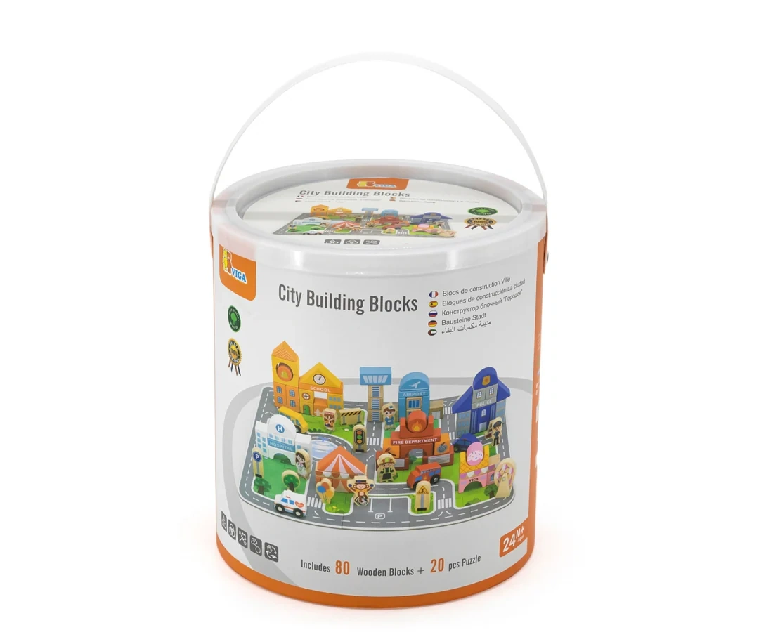 Viga Toys puidust ehitusklotsid "Linn" 100 tk