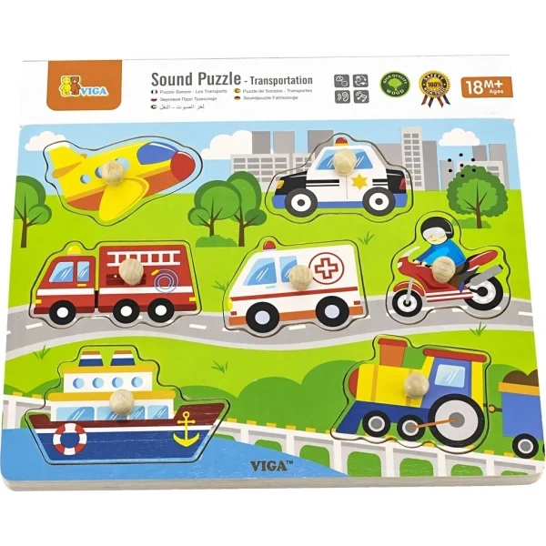 Viga Toys puidust nupupusle häälega: Sõidukid