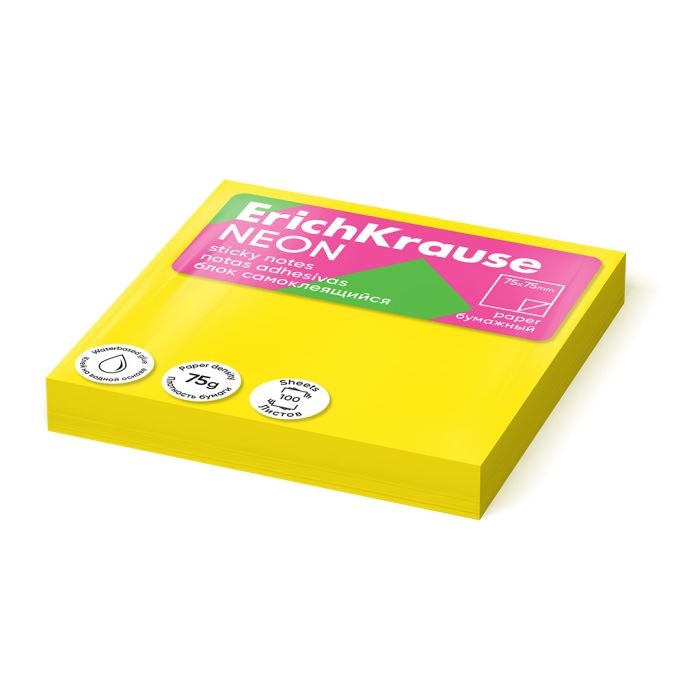 Märkmepaber Neon 75x75 mm, kollane 100 lehte