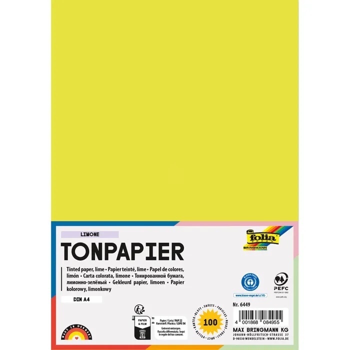 Värviline paber A4 FOLIA 130 g/m2 100 lehte laim