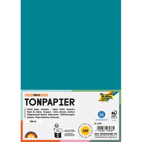 Värviline paber A4 FOLIA 130 g/m2 100 lehte türkiis