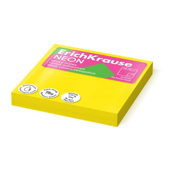 Märkmepaber Neon 75x75 mm, kollane 100 lehte